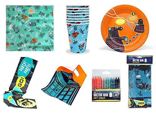 Doctor Who, Set Completo Ufficiale BBC – Bicchieri di Carta, Piatti, tovaglioli, tovaglie, Striscione, Sacchetti e Candele