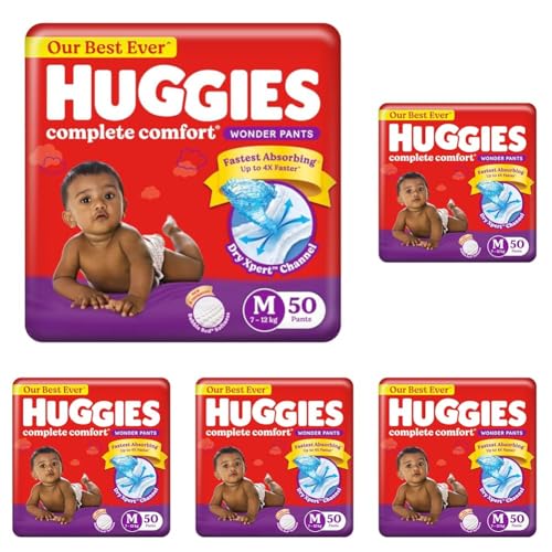 Image of Huggies Complete Comfort Wonder Pants | Pant Style Baby Diapers Medium Size (M), 50 Count | India's Fastest Absorbing Diaper, Prevents Diaper Rash, Ideal for 7 to 12 Kgs (Pack of 5)