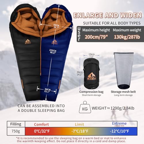 ultralight down sleeping bag for 0℃ to -12℃,xxl large size adult winter sleeping bag,0 degrees lightweight and portable,suitable for hiking,camping,outdoor,road trip. - Image 3