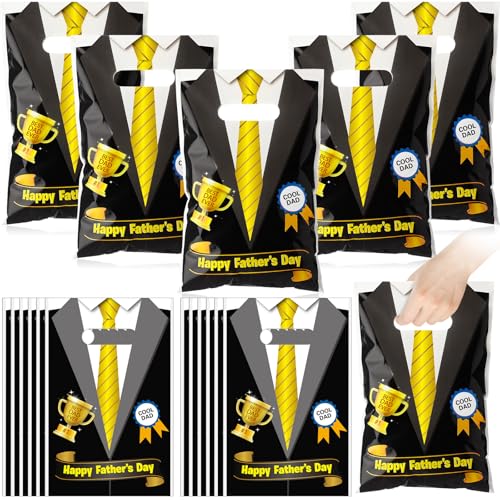 Glenmal 50 Pcs Father's Day Plastic Gift Bags Bulk, Father's Day Treat Candy Bags with Handle Goodies Gift Wrap for Best Dad Birthday Party Supplies Decorations