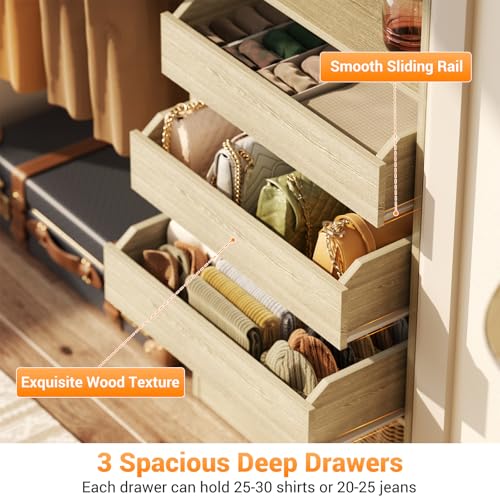 Homieasy Closet Organizer System Tower with Storage Wing Shelf, 60 Inch Adjustable Walk in Wardrobe System with 3 Drawers, 2 Hanging Clothes Rods, Reversible Heavy Duty Garment Rack, White Oak by Homieasy - Used condition - Image 4
