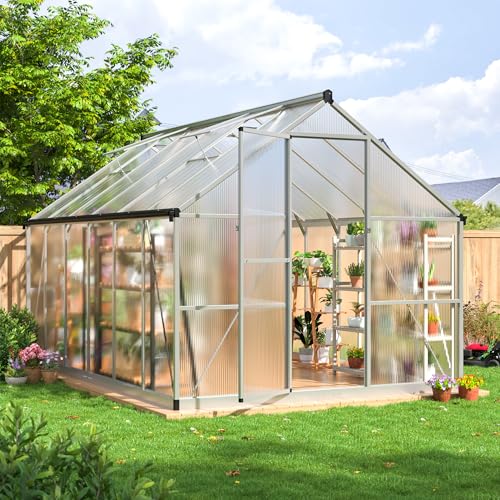 AirWire 8×12 FT Walk-in Greenhouse for Outdoors, Polycarbonate Greenhouse Kit with Roof Vent, Large Heavy Duty Green Houses for Outside Backyard Patio Garden, Sliver
