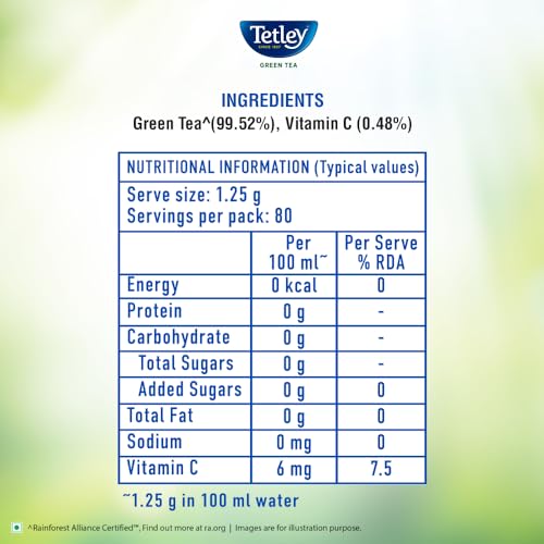 Image of Tetley Loose Green Tea Leaves 100g, Classic Flavour, Immune With Added Vitamin C, Makes 80 Cups, Long Leaf Tea, 5X Antioxidants As An Apple (Pack of 3)
