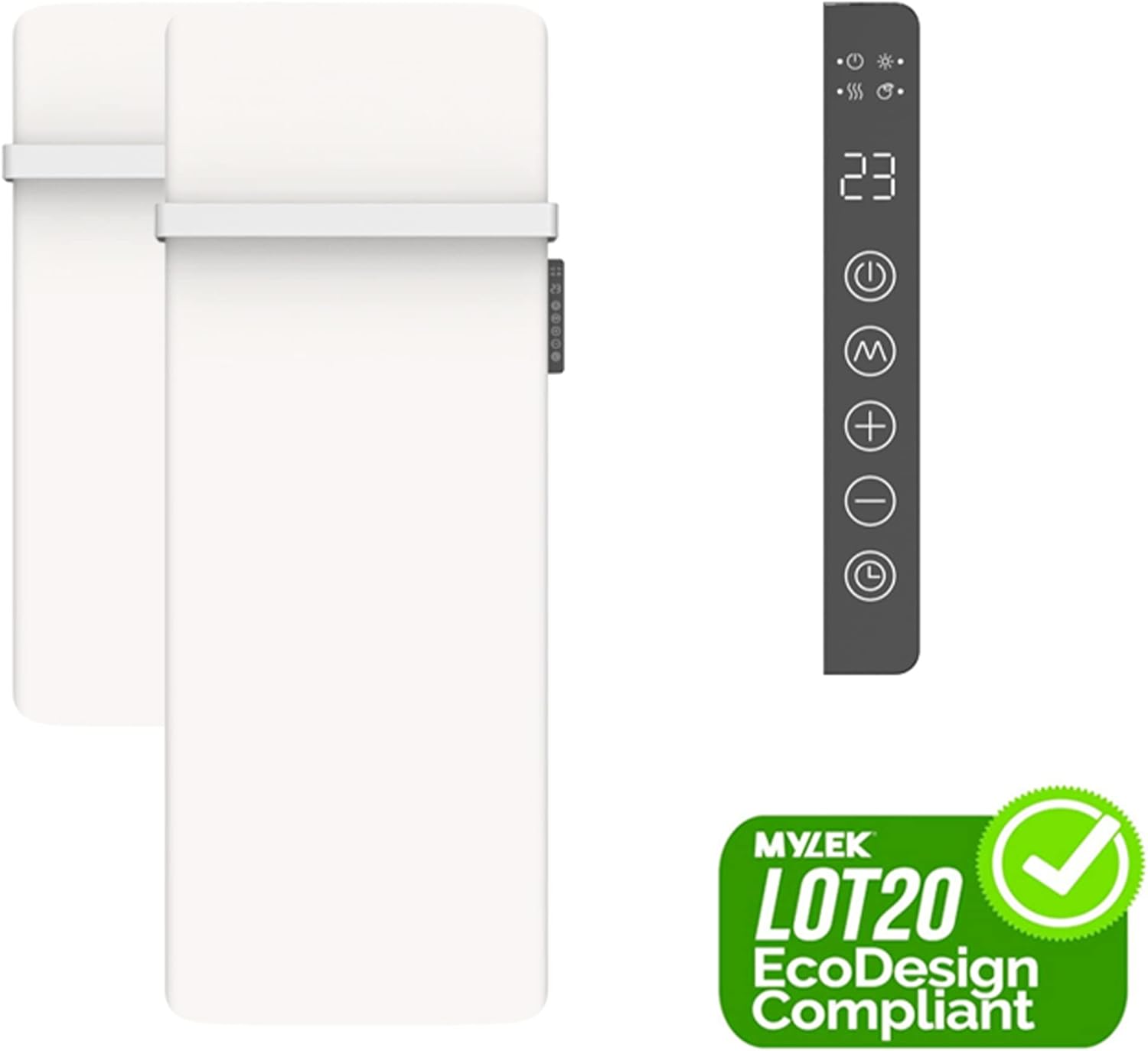 MYLEK Infrared Panel Heater with LOT20 EcoDesign Compliant logo and control panel detail