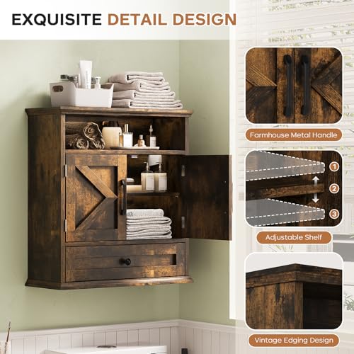 Image of Bathroom Wall Cabinet, Wall Mounted Medicine Cabinet 24.4 inchH x 23.6 inchW x 9 inchD | With Drawer, Barn Doors & Adjustable Shelf, Rustic Brown Over Toilet Farmhouse Cabinet for Kitchen, Laundry Room, Entryway