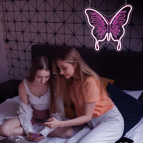 Image of Butterfly Neon Sign, JGHTURIE Pink Neon Signs for Wall Decor Engraved LED Light Up Sign Room Decor for Club Party Bar Signs Decoration USB Powered