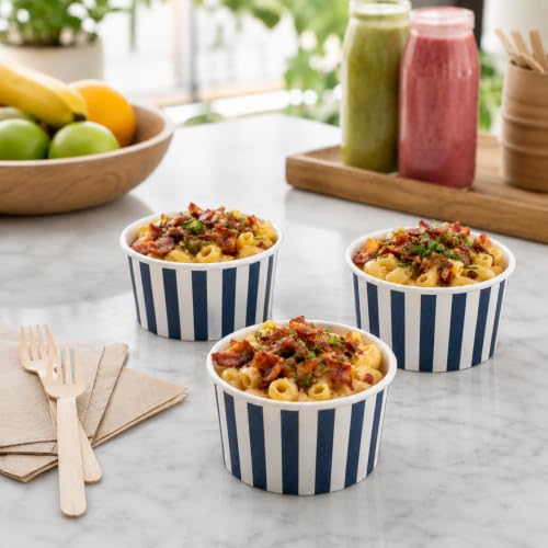 Image of Coppetta 5 Ounce Dessert Cups, 50 Disposable Ice Cream Cups - Lids Sold Separately, Sturdy, Blue And White Paper FroYo Bowls, Striped, For Hot And Cold Foods, Perfect For Gelato - Restaurantware