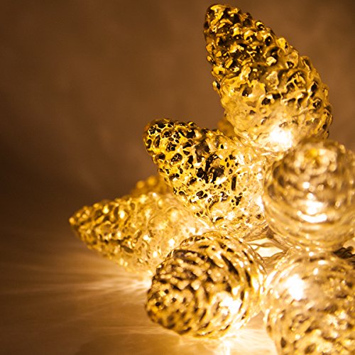 Wintergreen Lighting 6’ Mercury Glass Gold Star Lights/Gold Glass Pinecone String Lights – LED Lights String, Battery Operated, 10 Warm White LED Lights on Clear Wire (10 Pinecone Lights)