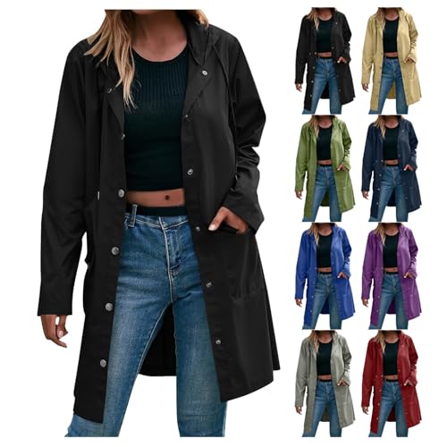Long Raincoat for Women Waterproof Lightweight Rain Jacket with Hood Snap Windbreaker Active Outdoor Trench Coat
