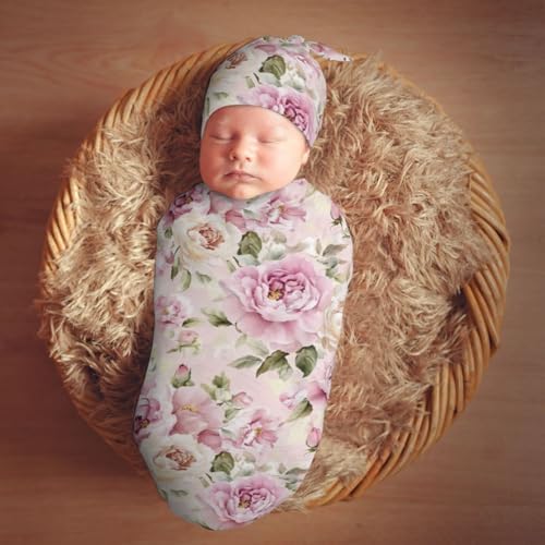 Image of Vintage Yellow and Pink Peony Flowers Swaddle Blanket with Beanie Hat Set Newborn Swaddle Wrap Soft Baby Receiving Blankets Baby Swaddle Blanket for Baby Boys and Girls