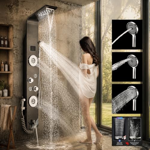 Image of Stainless Steel 304 Grade Shower Panel 8in1+ Extra Large 3Ways Hand Shower With LED Rainfall Waterfall 2Body Massage 4Mist Spray Temperature Display Shower Panel (Black)