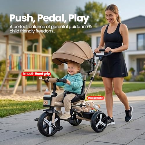 Image of Luusa Elite Pro 4-in-1 Kids Tricycle with Parent Push Handle, Adjustable Canopy, Safety Seat with Seat Belt, Storage Basket & Cup Holder | Toddler Trike for 1-4 Years Boys & Girls (Beige)