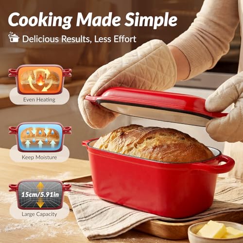Dutch Oven for Bread Making, 3.8L Enameled Cast Iron Pot with Lid for Sourdough Bread, Roasting, Braising & Frying - Oven Safe up to 500°F, Non Stick, 28cm (Red) - Image 3