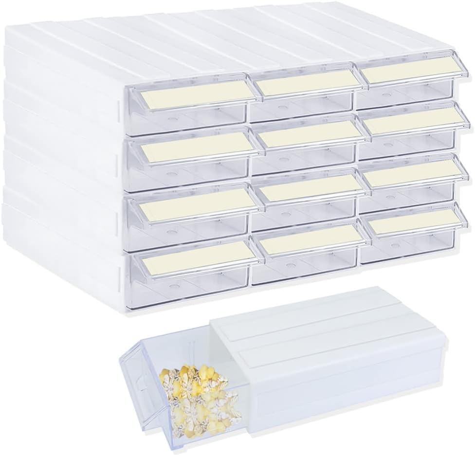 BINBE 12 Drawer Stacking Storage Cabinet, Plastic Stacking Drawer with 24 Clear Dividers&12 Tag Cards Multi Compartment Organizer Storage Container for Jewelry, Craft DIY, Bead, Small Items(12, White)