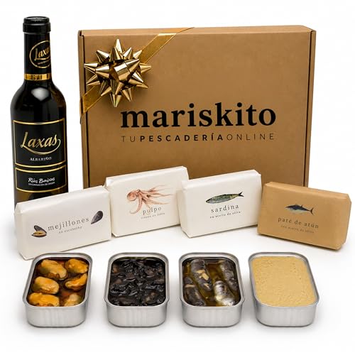 MARISKITO | Caja Regalo Gourmet con Albariño Laxas y Conservas Gallegas – Mejillones, Sardinas, Pulpo en Tinta y Paté de Atún – Pack Aperitivo, Lote Navidad, Aniversario – La Mar de Disfrutón