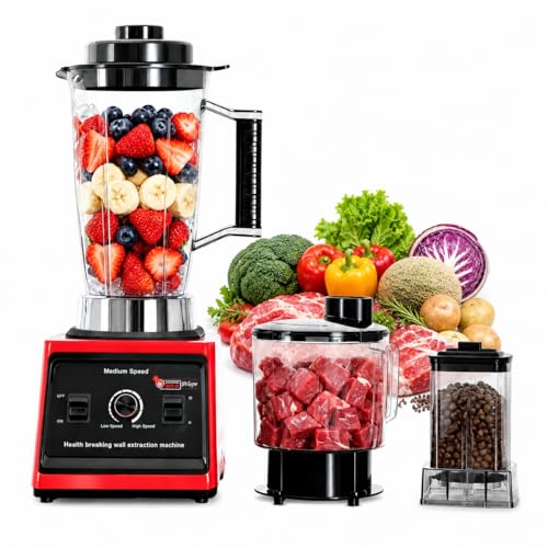 Batidora Multifunción 3L,Licuadoras para Zumos y Batidos con 15 Velocidades Ajustables, 3 Jarra de Batido, Cuchillas de Acero Inoxidable, para Preparar Batidos, Smoothies y Jugos (Rojo 3 en 1)