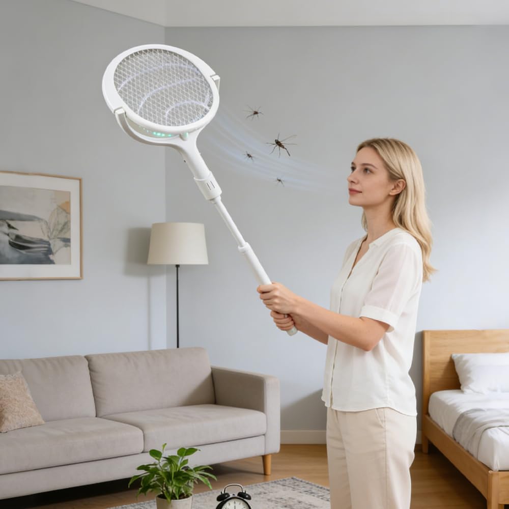 Rotierender Kopf Elektrische Fliegenklatsche, Mückenfalle mit Teleskopverlängerung, 1200mAh Wiederaufladbarer Insektenvernichter, Fliegenfänger Stark für Fliegen, Mücken, Wespen