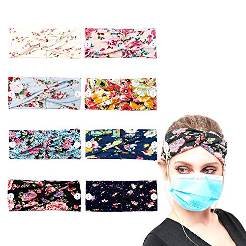8PCS Twist Cross Wide Headbands with Bottons for Mask，Floral Printed Face-washing Head Wrap for Mask, Yoga Sport Ear Pro