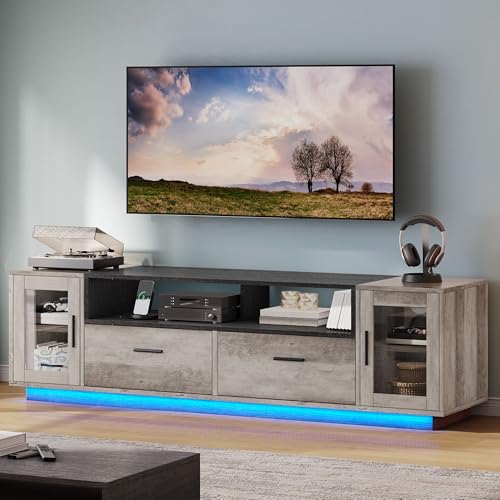 DWVO Modern TV Stands for Living Room with Power Outlets, Farmhouse TV Stand for 65+ inch TV, LED Entertainment Center with Storage Cabinet, TV Console Cabinet, Gaming Media Stand, Rustic Grey
