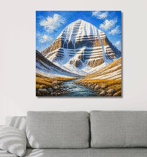 Image of Kunj Cart Mount Kailash Painting | 10+ DESIGNS | Kailash Parvat Canvas Painting for Living Room, Temple Home & Office Wall Decoration (Blue Sky Kailash Mountain, 12x12 Inch, Framed)