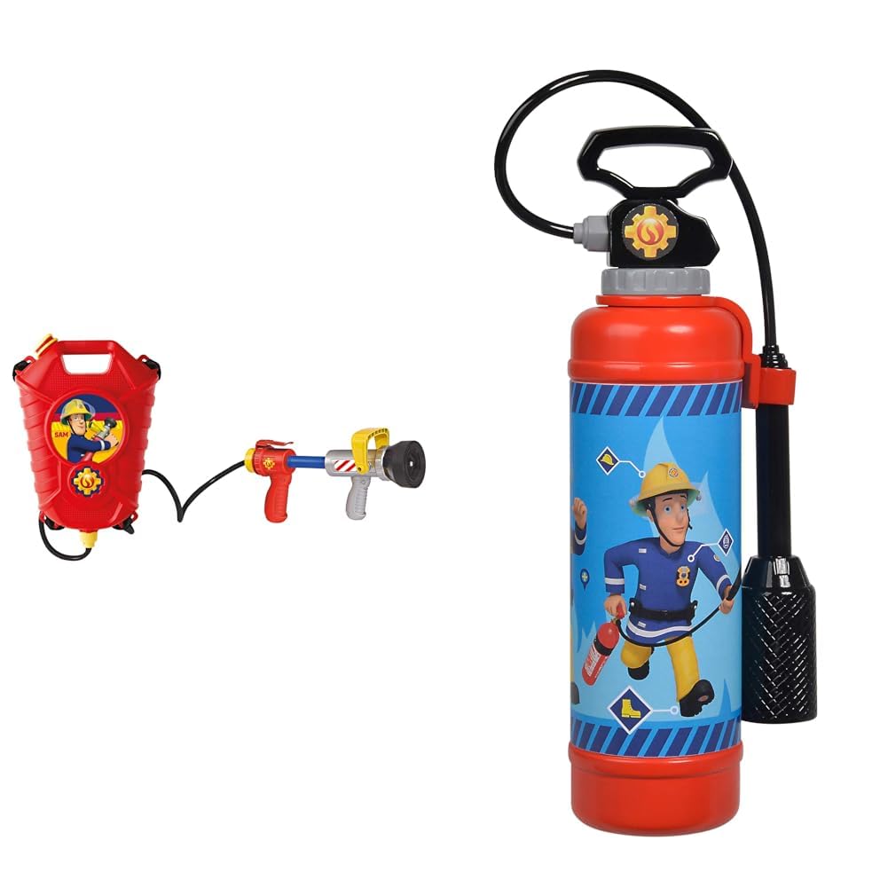 Simba 109252293 - Feuerwehrmann Sam Feuerwehr Tankrucksack & 109252398 - Feuerwehrmann Sam Feuerlöscher Pro, mit Druckluftmechanismus, Tankvolumen: 900ml, 31cm, für Kinder ab 3 Jahren
