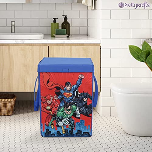 Image of PrettyKrafts 75 L Non Woven SuperMan Rectangular Foldable Large Laundry Bag /Basket With Lid & Handles, Freestanding Clothes Storage Organizer for Bedroom (36x36x53cm, Blue, Set of 1)