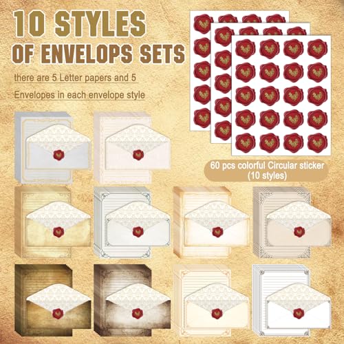 Image of TaoBary 160 Pcs Stationery Paper Set 50 Double Sided Stationery Papers with 50 Matching Envelopes and 60 Round Dot Sticker, 10 Design(Retro,8.5 x 11 Inch)