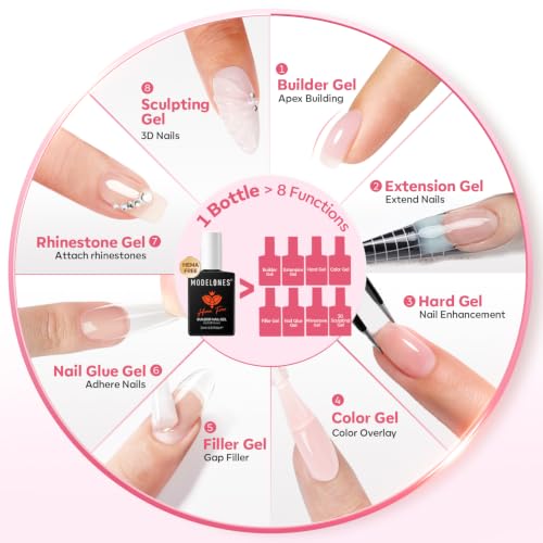 Image of modelones Builder Nail Gel Peachy Pink HEMA-Free Builder Color Gel Polish | 8-in-1 Jelly Pink Rubber Base Gel Polish Strengthener for Nail Extension, Natural Apex, Self-Leveling, U /V Cured Home Salon