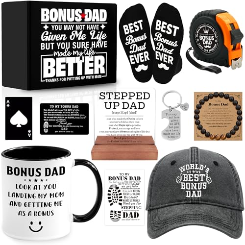 NVTROVI 11 PCS Step Dad Gift with 11 Oz Ceramic Cup Acrylic Desk Plaque Sign Hat Socks Tape Measure Christmas Gifts Bonus Dad Gifts Birthday Fathers Day Gift from Stepchild