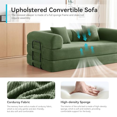 Image of Convertible Floor Sofa Bed with Fixed-Shape Frame, King Size Floor Sleeper 5-in-1 DIY Combination Modular Sofa, Modular Chenille Folding Mattress Couch for Living Room Bedroom Playroom (Green)