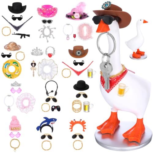 JolliLudo 7 Inch Mini Magnetic Desk Goose Statue with 12 Sets Outfits Resin Desktop Goose Decor Key Holder Small Porch Desk Geese Accessories Housewarming Gift for Home Office Bedroom