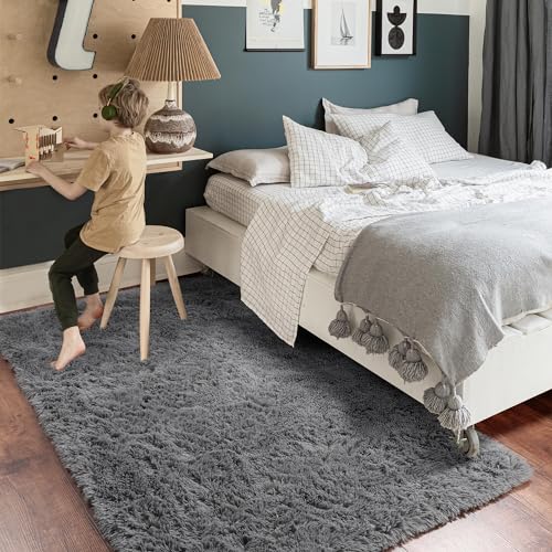 Amdrebio Grey Area Rugs for Bedroom Living Room, Fluffy Fuzzy Modern Rugs for Kids Room, Furry Floor Shaggy Throw Gray Carpet for Baby Nursery Preppy Dorm Office, Home Decor, Farmhouse Thick Rug 4x6