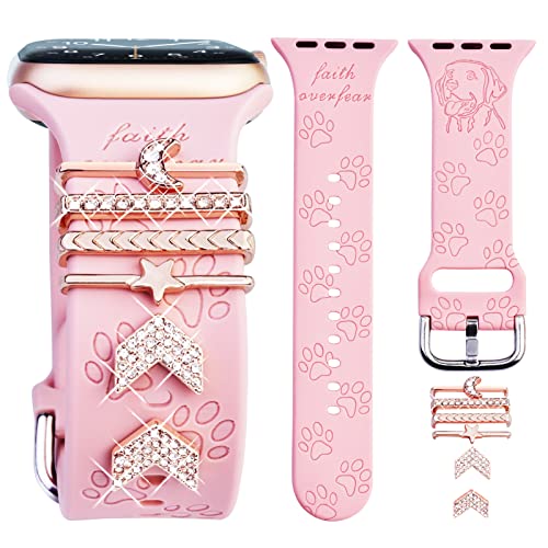 Apple Watch Band Charms (iWatch Band Included) Decorative Rings Loops Compatible with Apple Watch 38mm 40mm 41mm 42mm 44mm 45mm Series SE 7 6 5 4 3 2 1 YOPICKERN Engraved Silicone Bands Dog Paw with