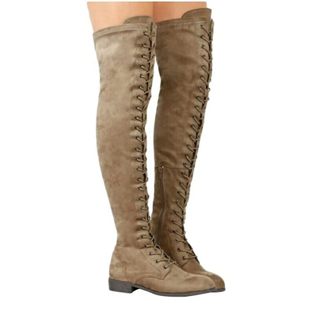 ZBYY Women's Over The Knee Low Heel Lace Up Tall Boots Fashion Side Zipper Thigh High Stretchy Boots Casual Riding Booties