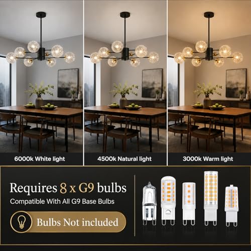 Image of Sputnik Chandeliers with Glass Shades,Modern 8 Light Chandelier for dinging Room, Black G9 Pendant Lighting Fixture,Mid Century Hanging Ceiling Light for Kitchen Island,Living Room