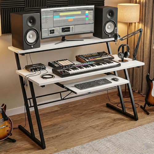 Image of FFO Music Studio Desk with Keyboard Tray | Multipurpose Work Desk for Home Office | Computer Table for Home, Office & Music Production | Laptop PC Workstation | White | 120L x 60W x 100H CM | DIY