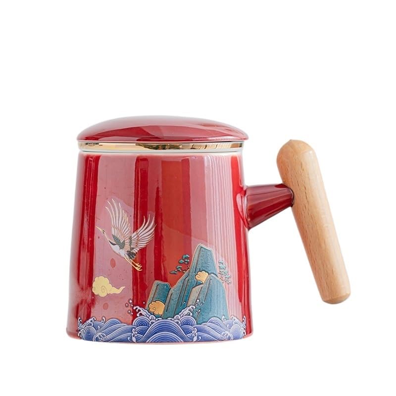 Tasse à thé Tasse à infusion en céramique avec couvercle, tasse à séparation d'eau et de thé, tasse filtrante avec poignée en bois, tasses de bureau Récipient de trempage(A)