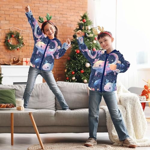 Axolotl Space Fantasy Pattern Toddler Fleece Jacket Girl Boys Hooded Fleece Jacket Coat Warm Outwear Zip-up 3-10T 5