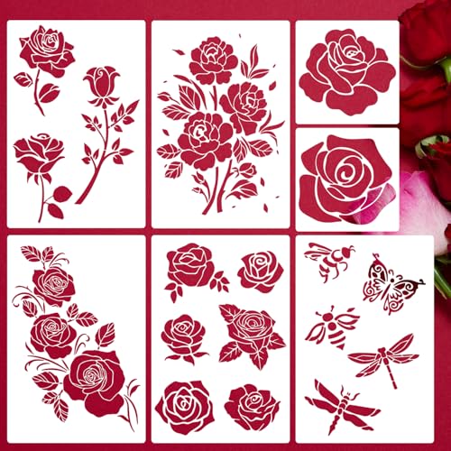 Flower Stencils for Painting Rose Stencil Reusable Floral Stencils for Wood Wall Furniture Fabrics DIY Crafts Decor