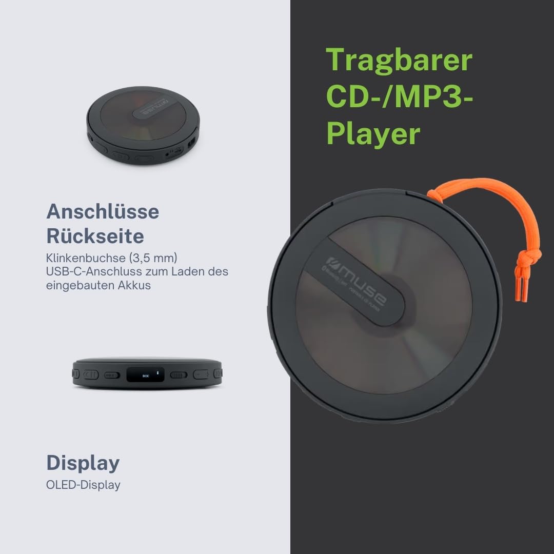 M-920 DMO Reproductor portátil de CD/MP3 con transmisor Bluetooth y protección contra Golpes, Pantalla OLED, USB-C y batería de 2000 mAh