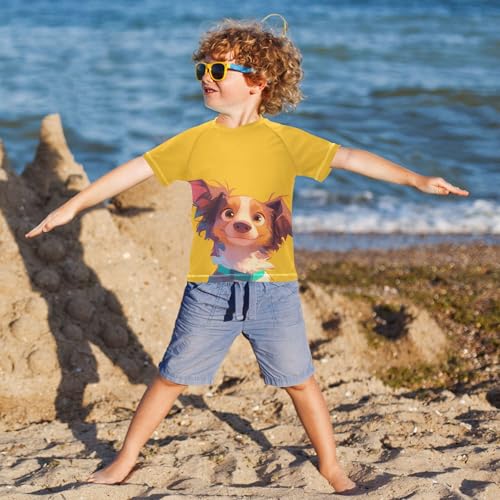 Cartoon Dog Yellow Kids Bathing Suit UV Protection Basketball Shirt Swimwear Beach Tops 3T4