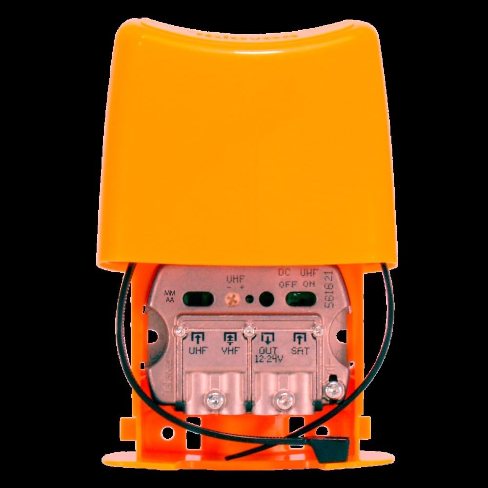 Amplificador de mástil 12-24V, modelo 3E/1S, ideal para mejorar la señal de televisión y radio en instalaciones.
