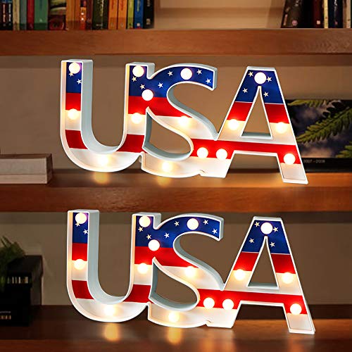 Bright Zeal 2-Pack 7" Tall USA LED Marquee Letter Lights Sign - Lighted Marquee Letters with Timer Marquee Letters for Outdoor Sign - Election Day Decorations Marquee Light Up Letters for Wall Decor