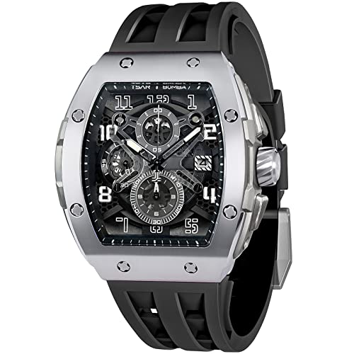 TSAR BOMBA Watches for Men Luxury Tonneau Square Watch Japan Quartz Sapphire Glass Mens Watches with Chronograph 50M Waterproof Luminous Calendar Quick Release Fluororubber Band
