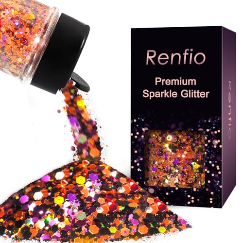 Renfio Orange Purple Black Chunky Glitter Mixed Holographic Glitter for Helloween 1.76oz/50g Iridescent Hexagon Sequin for Snowglobe Tumbler Resin Craft Nail Face Hair Festival Decor Ornament