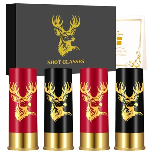 Verres à Shot avec Tête de Cerf Inclinée, Lot de 4, avec Boîte Cadeau, pour Hommes et Femmes, Fête de Mariage, Fête des Pères, Cadeaux de Chasse au Cerf, 12 GA Verres à Shot, Plastique, Noir et Rouge