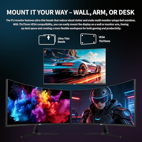Image of PIJ 27 Inch Curved Gaming Monitor 250Hz, FHD 1080p PC Screen Built-in Speakers, 1800R Computer Monitor with FreeSync, DisplayPort, HDMI, Wall Mountable, Eye Care for Home Office & Gaming