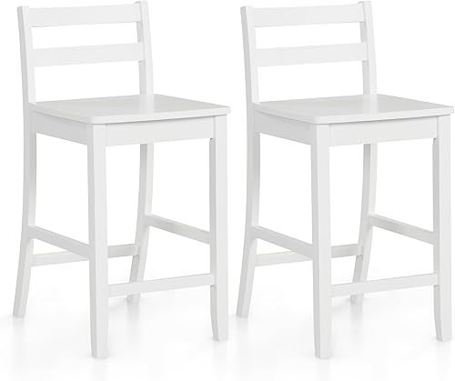 COSTWAY Juego de 2 taburetes de bar de madera, taburetes de altura de mostrador de 24 pulgadas con respaldo ergonómico y reposapiés, sillas de