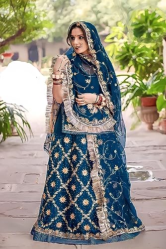 Image of Heavy Embroidery Work Semi Stitched Shimmer Silk Rajputi Poshak For Women Rajasthani Lehenga Choli