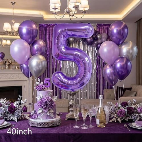 Image of Number Balloons for Birthday Decorations - 40 Inch Large Party Balloons 5, Purple Foil Number Balloons for Boys Girls, Balloons for Party Supplies